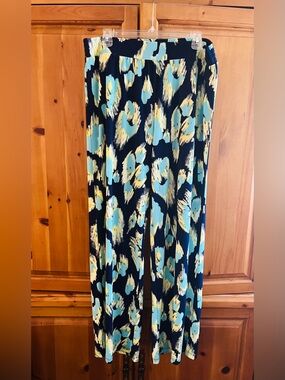 IMAN Flowy Pants with a Blue, Yellow, and Turquoise Abstract Pattern. XL